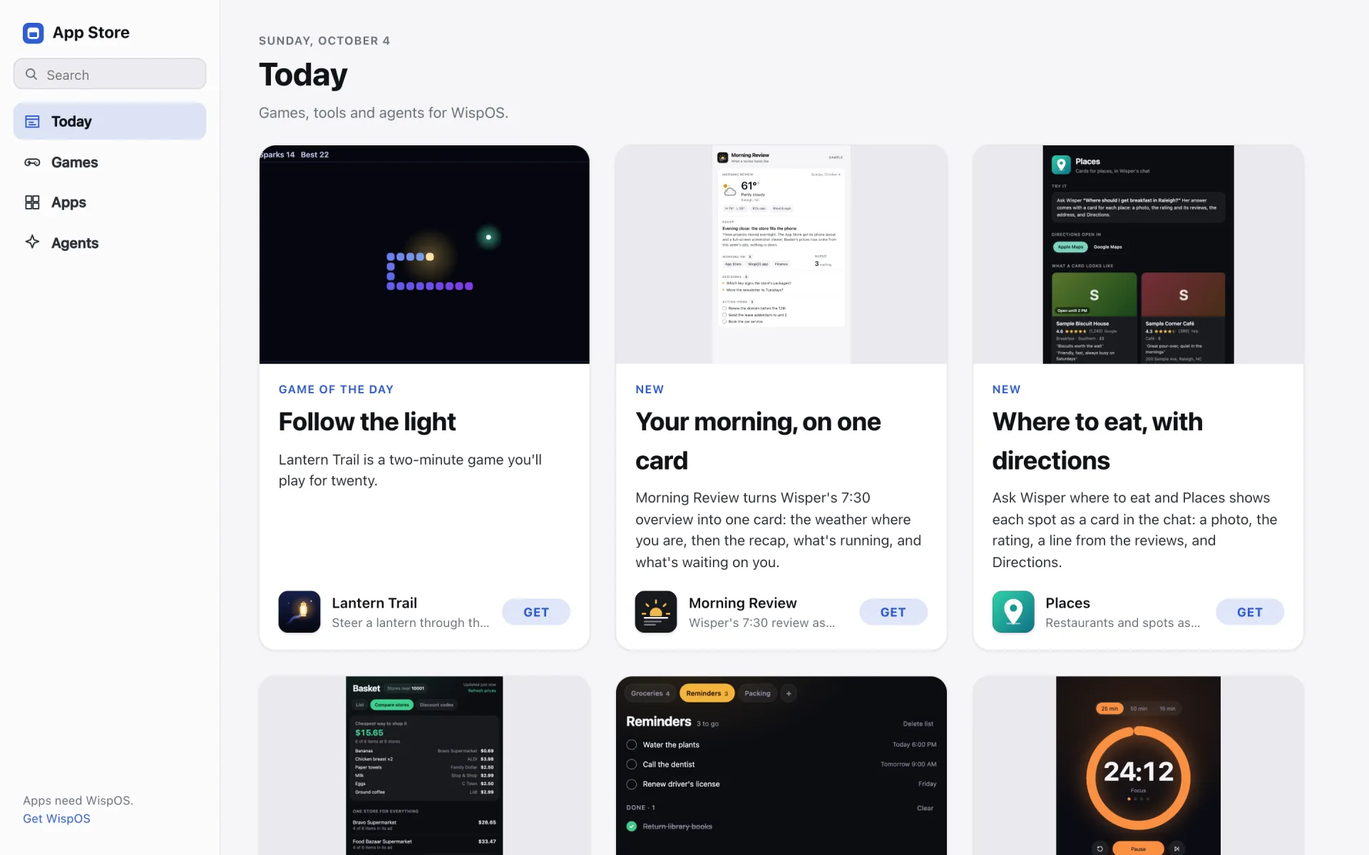 The WispOS App Store's Today page: Lantern Trail, Morning Review and Places