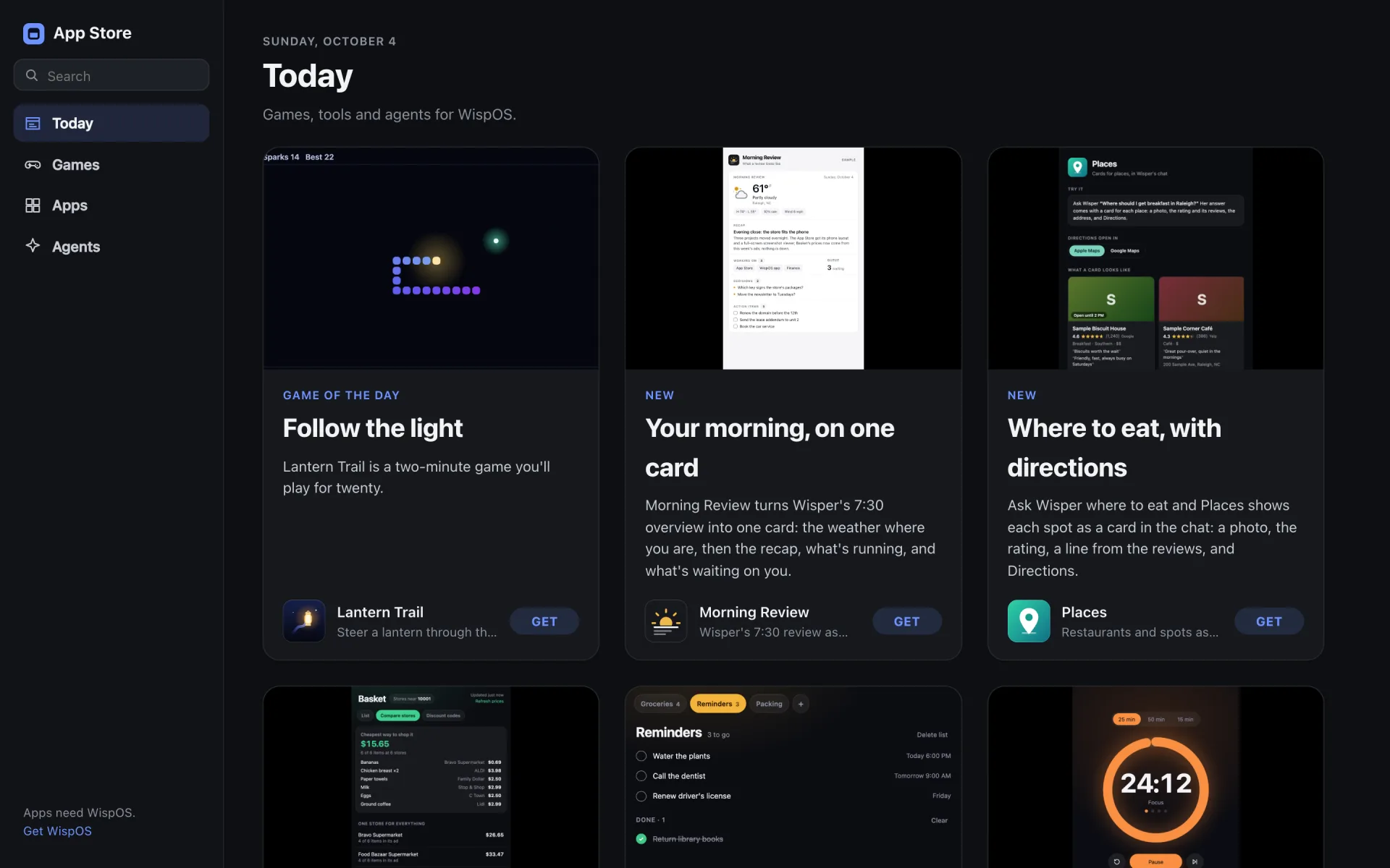 The WispOS App Store's Today page: Lantern Trail, Morning Review and Places