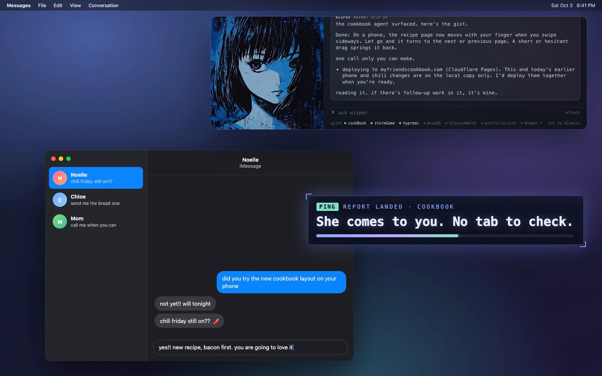 A Messages conversation with Wisper's popup over it announcing the cookbook agent's report