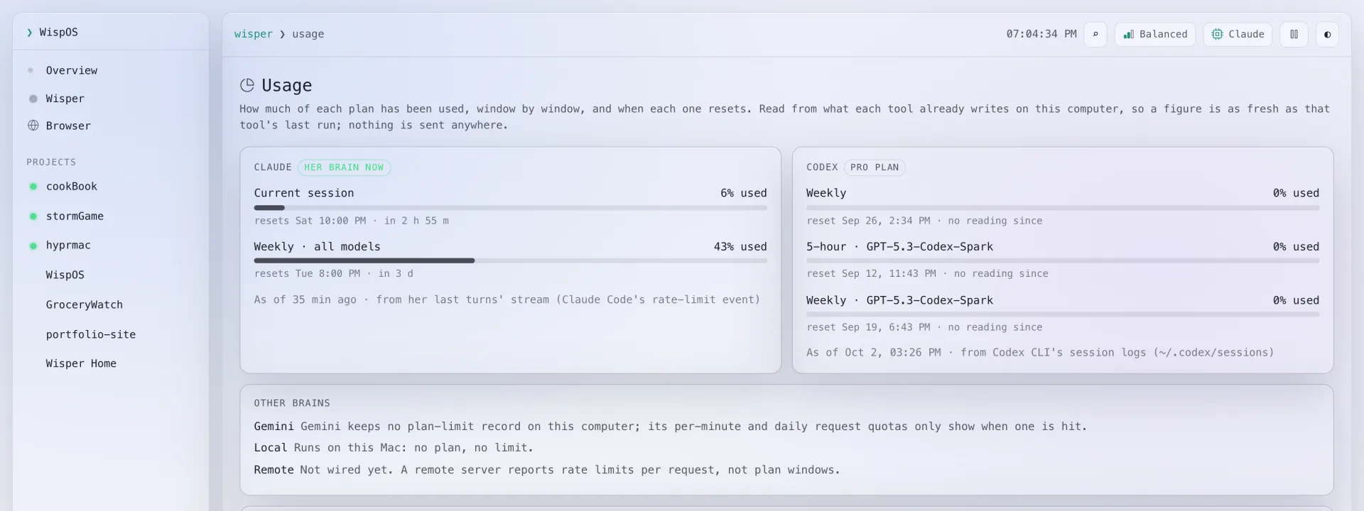 WispOS Usage page with plan limits filling up