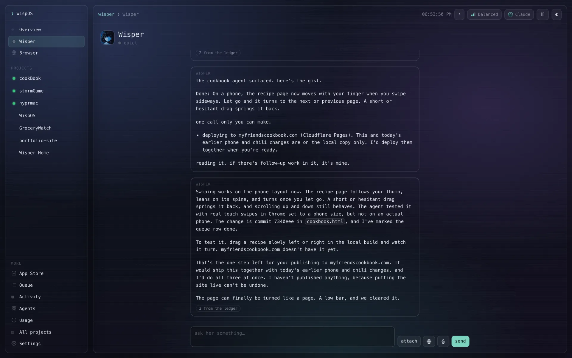 Wisper's page in WispOS: a conversation where she sends a cookbook request to its team and reports back